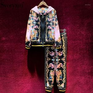 Women's Tracksuits Svoryxiu Designer Autumn Winter Pants Casual Suits Fashion Long Sleeve Flower Letter Print Hoodie + Two Piece Set