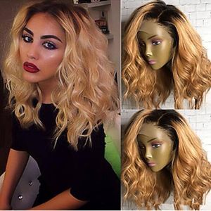 High Quality Cheap Ombre Wigs 1B 27# Short Bob Curly Wavy Lace Front Wigs Heat Resistant Synthetic Lace Front Wigs for Black Women
