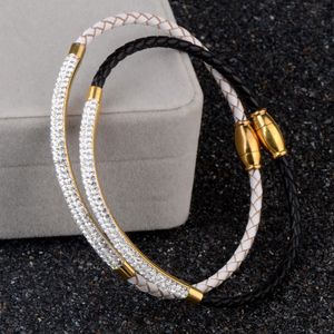 Bracciale in pelle in acciaio inossidabile con strass Impostazione braccialetto di cristallo Chiusura magnetica Nuovi gioielli di moda per il regalo delle donne