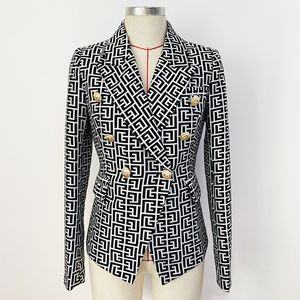 Klassischer Stil, Top-Qualität, originelles Design, zweireihiger Blazer für Damen, Maze-Muster, schmale Anzugjacke, Metallschnallen, schwarze Blazer, Jacquard-Mantel, Oberbekleidung