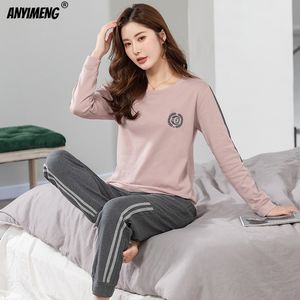 Pyjamas satt för kvinnor höst vinter stor 3xl-5xl Sleepwear Soft Bomull O-Neck Lounge Wear Sporty Fashion Pijama Plus Storlek 220309