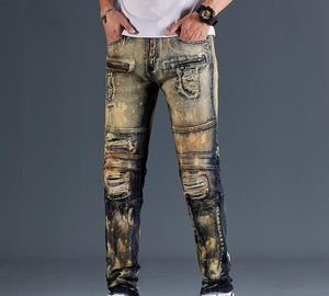 Горячие мужские дизайнерские джинсы огорчены разорванный байкер тонкий подходящий мотоцикл байкер джинсовая джинса для мужчин высочайшее качество мода мужские брюки