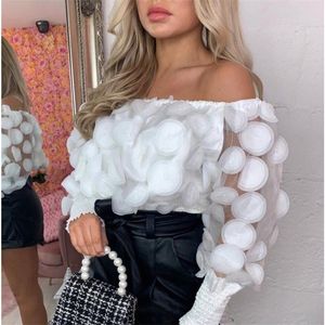 Sexy Off Shoulder womens tops and blouses Mesh Sheer Puff Sleeve Tops Summer 3D Flower Vintage White Women Shirt Blouse 220217