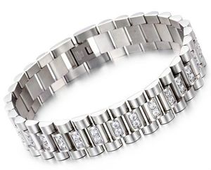 Edelstahl Armband 15mm großhandel-Uhren Band Stil mm Breite L Edelstahl Luxus Mens Armband Link Armband mit Zinkeneinstellung CZ Steine KKA2199