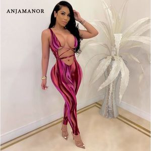 ANJAMANOR moda stampa tuta estiva sexy clubwear tute per adulti donne scava fuori fasciatura tute aderenti D30AC79 T200509