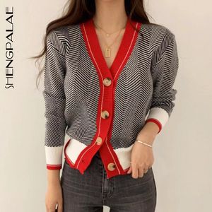 Shengpalae 새로운 패션 가을 V 넥 싱글 브레스트 짧은 헤링본 패턴 카디건 여성 느슨한 캐주얼 스웨터 FV295 201030