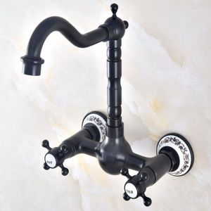 Mutfak Muslukları Siyah Yağ Ovulmuş Bronz Pirinç İki Çapraz Kulp Duvar Monte Döner Çıkış Banyo Havzası Lavabo Musluk Mixer Musluk Anf4741