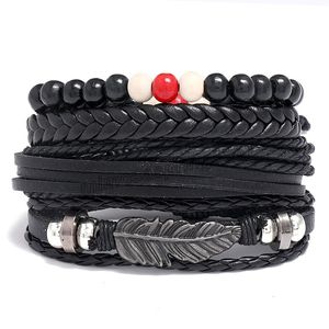 Moda Multistrato Pelle Piuma Braccialetto di Fascino Punk Vintage Intrecciato Fatto a Mano Perline Bracciali Braccialetti per Gli Uomini Regali