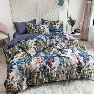 Czysta Egipska Bawełniana Pościel Zestaw Tropikalne Liście Kwiaty Duvet Cover Set Silky Soft Queen King Bed Arted Kołdry Pokrywa Poduszki LJ200818