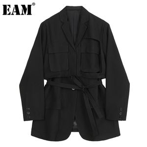 [EAM] Women Black Pocket Split Big Size Blazer New Lapel Long Sleeve Loose Fit Jacket Fashion Tide Spring Autumn 1DB693 201114