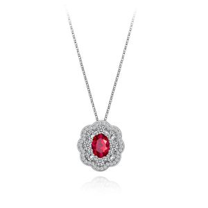 Designer Handmade 14K White Gold or Sterling Silver Women&#039;s Oval Engagement Necklace with Red Sapphire Stone