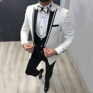 Custom Made Groomsmen Peak Lapel Groom Tuxedos White and Black Men Suits Wedding Best Man Blazer ( Jacket+Pants+Bow Tie+Vest ) L614