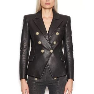 YÜKSEK SOKAK En Yeni Barok Moda 2020 Tasarımcı Blazer Ceket Kadın Aslan Metal Düğmeler Suni Deri Blazer Dış Coat LJ201212