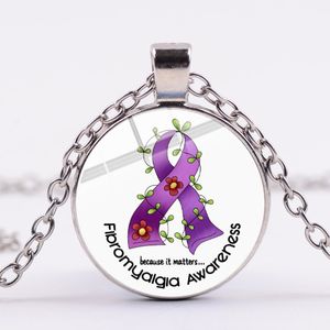 Wholesale ribbon necklace resale online - New Purple Ribbon Letter Print Chain Necklace Fibromyalgia Awareness Symbol Glass Dome Pendant Men Women Hopeful Jewelry