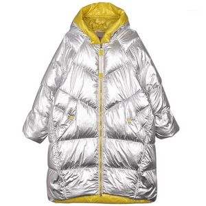 Piumino da donna Parka Giacca invernale Donna Capispalla lungo con cappuccio Impermeabile Da ragazza Argento lucido Cotone imbottito Parka Caldo Cappotto da neve Donna