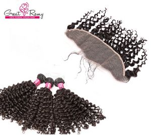 Obehandlad Human Indian Curly Wave Lace Frontal Closure Pieces 13x4 öra till öra spets frontal med indiska tempel mänskliga hår vävbuntar