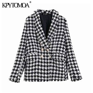 Kpytomoa النساء أزياء مزدوجة الصدر houndstooth تويد الحلل معطف خمر طويلة الأكمام المتوترة تقليم الإناث قميص شيك القمم 201023