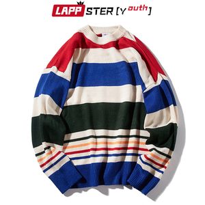 Lapster-Juventude Homens Coreano Harajuku Suéteres Pullovers Mens Listrado Vintage Streetwear O-Neck Sweater Outono Oversize Tops 201120