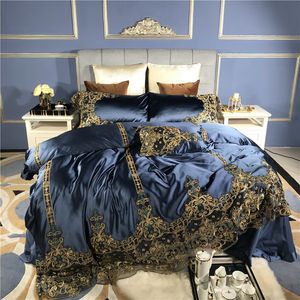 Blue Luxury Romantic Golden Lace Embroidery 100S Silk cotton Royal Soft Bedding Set Duvet cover sheet Bed Linen Pillowcases T200706