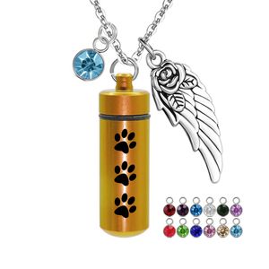 Aska Halsband för Pet Paws Aluminium Alloy Cremation Urn med 12 Birthstone Cylinder Memorial Smycken Hängsmycke Keepsake