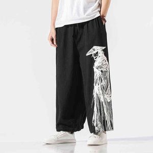 Chinese Style Oversized Pants Men New Streetwear Retro Printed Linen Casual Male Tai Chi Kung Fu Straight 5XL 0214