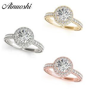 Ainuoshi Classic925 Sterling Silver White Gold Yellow Gold Rose Gold Color Round Cut 1Ct Rings Women Engagement Halo Silver Ring Y200106