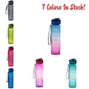 32oz Leakproof Water Bottle with Time Maker Straw Lid Plastic Motivational Sports Water Tracker Bottles Gradient Color for Running GGD2335