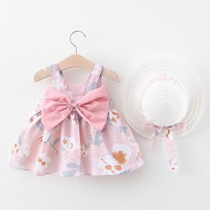 Sommar ny baby klänning + hatt baby flicka kläder kläder flicka prinsessa födelsedagsfest klänning båge tryck spädbarn toddler newborn1