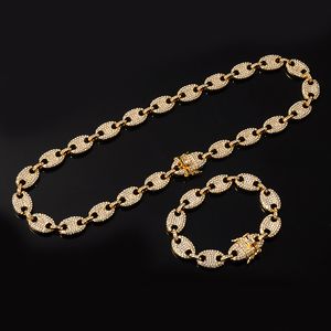 13MM Bling Coffee Bean Iced Out CZ Pig Nose Rhinestone choker Link Chain Necklaces & Bracelet for Men HIP HOP Jewelry