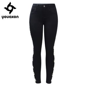 2167 Youaxon Jeans elasticizzati neri con occhielli laterali borchiati Pantaloni skinny in denim a vita alta di grandi dimensioni da donna Jeans per donna 201030