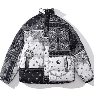 Men Cashew Parka Korean Oversize Stitching Black White Puffer Jacket Fashion Printing Graffiti Coats Hip Hop Loose Streetwear 220105