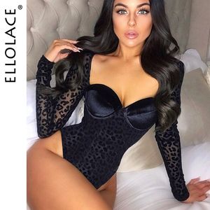 Ellolace مثير الحيوان ارتداءها النساء ليوبارد طويلة الأكمام bodycon الجسم الأزياء وزرة السيدات السروال القصير سليم صالح الجسم بالجملة T200702