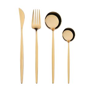 4Pcs/Set Golden Western Dinnerware Set Durable Stainless Steel Tableware Knife Fork Soup Dessert Ice Cream Spoon Cutlery Flatware Set Home Restaurant HY0329