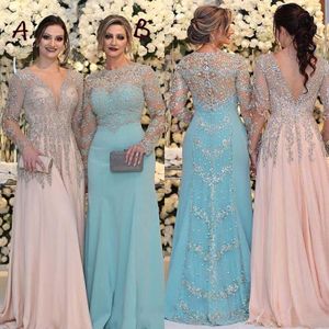 Sexy Mother Of The Bride Dresses V Neck Long Sleeves Silver Beaded Lace Backless Crystal Chiffon Plus Size Prom Party Dress Evening Gowns