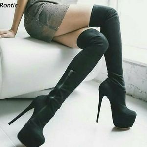 ロンニック手作りの女性の春の膝のブーツプラットフォームセクシーなスティレットヒール丸いつま先エレガントな黒いカジュアルシューズUSサイズ5-20