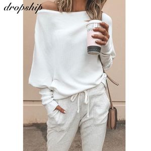 Kvinnors Tröjor Dropship Tröja Kvinnor Oversized Jumper Fashion 2021 Cashmere Winter Pullover Off Shoulder Black White Höst