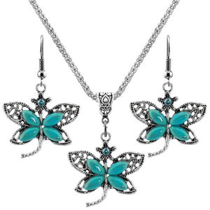 10 Set Hanger Ketting Drop Earrings Butterfly en Dragonfly Shape Green Turquoise Steen Verzilverd Sieraden