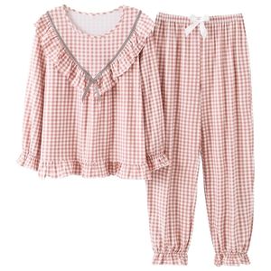 여성 긴 소매 달콤한 격자 무늬 인쇄 잠옷 정장 봄 가을 잠옷 세트 어린 소녀 잠옷 캐주얼 homewear Pijamas Mujer 201027