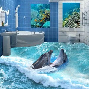 Maßgeschneiderte Bodentapete jeder Größe, 3D-Stereoskopischer Delphin-Ozean-Badezimmer-Bodenwandbild, selbstklebende wasserdichte Bodentapete 201009