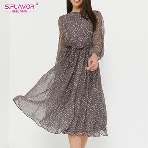 S.FLAVOR Elegant Dot Print Long Sleeve Polka Dress O Neck Chiffon A Line Women Casual Vintage Midi Vestidos De 220215