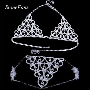 Stonefans Donne sexy cuore Rhinestone reggiseno Accessori per catena del torace per il corpo Crystal Body Gioielli trasparenti perizoma Merca biancheria intima T200507