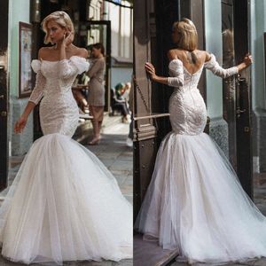 2021 nuovi abiti da sposa con spalle scoperte manica lunga in pizzo appliques abiti da sposa su misura backless sweep treno abito da sposa sirena