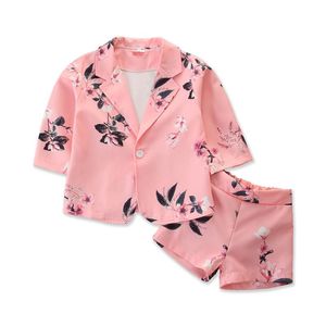 Conjuntos de roupas 2021 0-5y Fashion Kids Baby Girl Floral Imprimir Button Rosa Casacos Top+Shorts Criança Autumn Girls Suit 2pcs Setfits Set