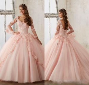 Blush Pink Ball Gown Abiti stile Quinceanera 2020 Manica lunga Backless Applique in pizzo Abiti da ballo di fine anno Dolce 16 Abito da compleanno Vestido 2738