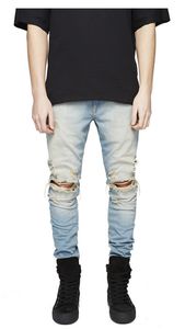 Jeans Destroe o angustiado Godlines Ripped Mens Motor Black Biker Moto Hip Hop calça jeans urbana 6WU4