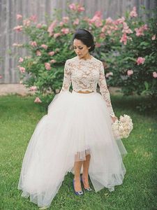 빈티지 높은 낮은 얇은 웨딩 드레스 짧은 프론트 긴 다시 탑 레이스 긴 소매 두 조각 Graden Bridal 가운 Vestidos de Novia 2021