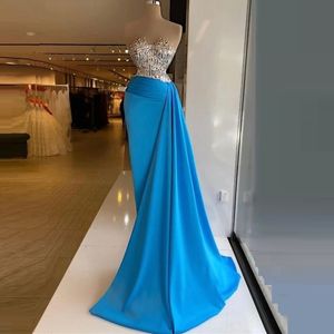 Plus Size Scoop Mermaid Sexy Prom Dresses Arabic Aso Ebi Blue Beaded Crystals Satin Evening Formal Party Second Reception 328