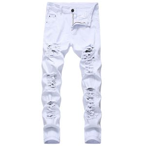 Furo reto destruição calças afligidas jeans homens denim calças homens jeans moda branco jean masculino