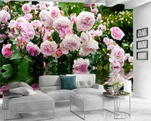 Anpassad 3d Foto Bakgrund Delikat Rosa Blommor I Vatten Romantisk Flora Dekorativ Silk 3D Väggmålning Bakgrund