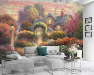 Europeu Wallpaper 3D Linda casa em um clássico 3d Wallpaper Dreamy Flower Floresta Romantic Landscape Silk decorativa